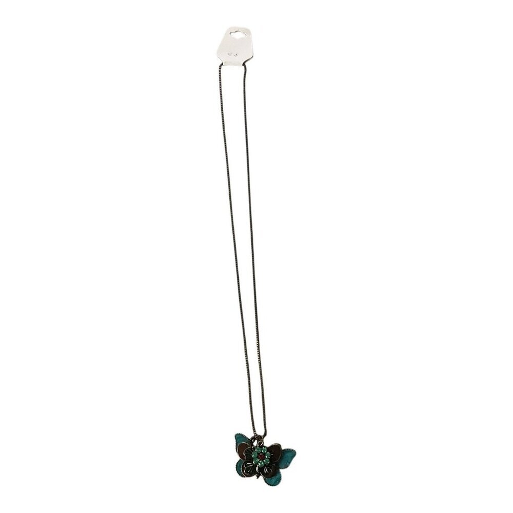 Butterfly Pendant Necklace With Rhinestone Accents Bronze‎ Chain Green & Teal